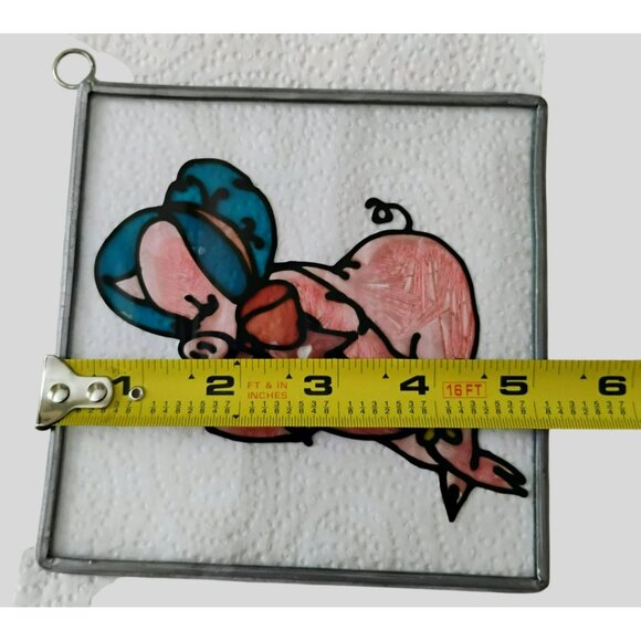 Stained Glass Pig Sun Catcher, Piglet in Blue Bonnet & Orange Bow 5" Suncatcher - Picture 4 of 6